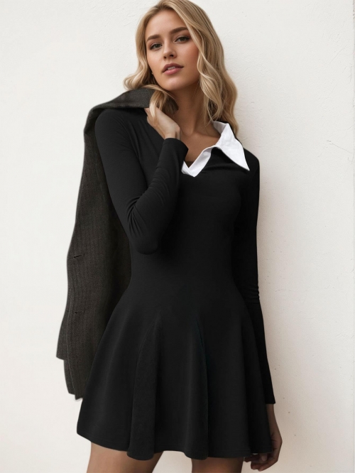Women's Long Sleeve Knit Dress Contrast Color White Polo Collar A-Line Mini Skirt Faux Two-Piece Slim Fit Chic Preppy Style Elegant Ladies Short Dress