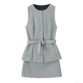 Women's Elegant Grey Two-Piece Effect Mini Dress Sleeveless Crew Neck With Belt Peplum Hem Office Party Dress Fall Fashion