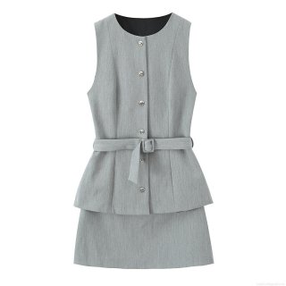 Women's Elegant Grey Two-Piece Effect Mini Dress Sleeveless Crew Neck With Belt Peplum Hem Office Party Dress Fall Fashion