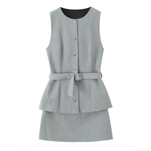 Women's Elegant Grey Two-Piece Effect Mini Dress Sleeveless Crew Neck With Belt Peplum Hem Office Party Dress Fall Fashion