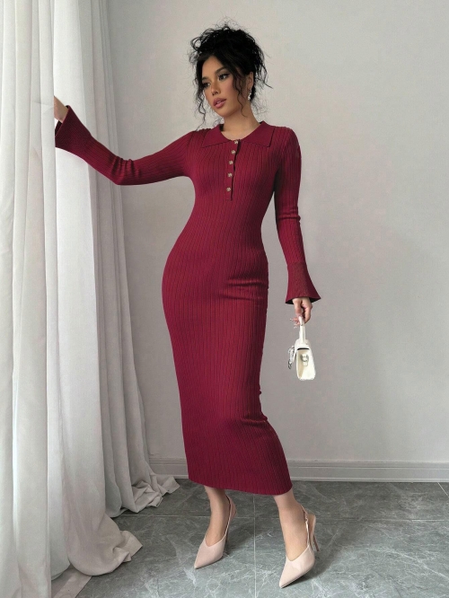 Women's Sexy Slim Fit Knitted Midi Dress Viscose Polyester Blend Polo Collar Long Sleeve Button Ribbed Bodycon Sweater Dress For Autumn Winter Party Office Ladies
