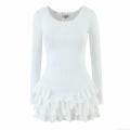 Women's Sexy White Long Sleeve Mini Dress Ribbed Knit Patchwork Tiered Lace Hem Round Neck Streetwear Bodycon Party Dress