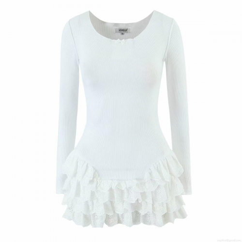 Women's Sexy White Long Sleeve Mini Dress Ribbed Knit Patchwork Tiered Lace Hem Round Neck Streetwear Bodycon Party Dress