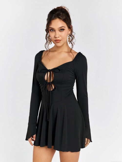 Sexy Bodycon Mini Dress For Women Polyester Elastane Long Sleeve Hollow Out Cross Tie V-Neck Ruched Party Clubwear Solid Black Slim Fit Short Skirt