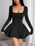 Women's Sexy Black Square Neck Long Sleeve Mini Dress Ruffle Bubble Hem Slim Fit Bodycon Elegant Party Evening Cocktail Dress For Women