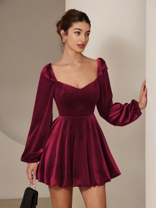 French Vintage Burgundy Velvet Mini Dress Women Elegant Sweetheart Neck Long Puff Sleeve High Waist Slim Fit Party Cocktail Dress