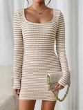 Women's Long Sleeve Striped Knit Dress Square Neck Slim Fit Bodycon Mini Dress Casual Urban Style Polyester Rayon Spandex Elegant Ladies Clothing