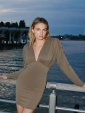 Sexy Deep V-Neck Pleated Long Sleeve Mini Dress Women Polyester Spandex Backless Bow Party Cocktail Dress Slim Fit Maillard Style Autumn Clothing