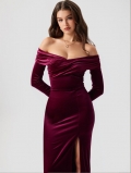 Burgundy Velvet Off Shoulder Criss Cross V Neck Bodycon Maxi Dress For Women Sexy Ruched Long Sleeve High Slit Party Evening Gown