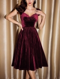 Women's Elegant Burgundy Velvet Off-Shoulder Midi Dress Retro Slim Fit Shirring Swing Party Evening Gown Formal Prom Cocktail Dress for Ladies