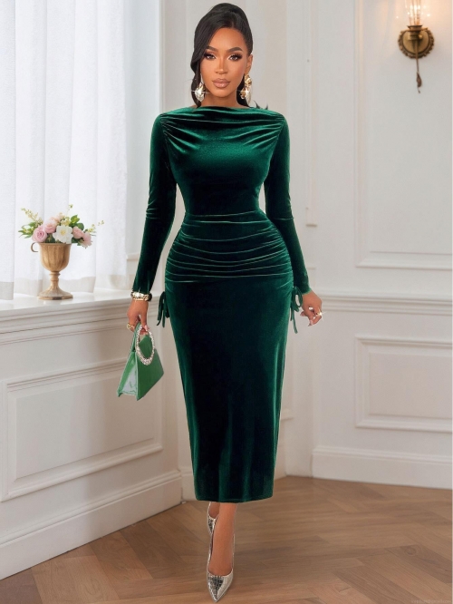Women's Elegant Dark Green Velvet Maxi Dress Long Sleeve Ruched Slim Fit Evening Party Dress Polyester Elastane Bodycon Ruched Midi Dress For Women