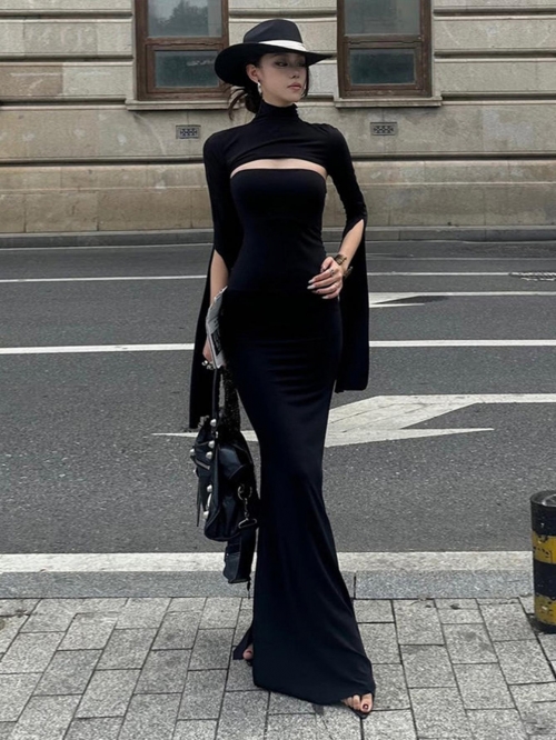 Sexy Women's High Neck Cut-out Slim Fit Fishtail Maxi Dress 95% Polyester 5% Elastane Long Sleeve Shrug Two Piece Set Streetwear Party Gown
