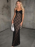 Women Sexy V-Neck Backless Lace Patchwork Maxi Dress Elegant Spaghetti Strap Slim Fit Evening Party Celebrity Long Dress