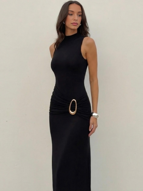 Women's Sexy Backless Bodycon Maxi Dress Sleeveless High Neck Long Party Gown With Gold Metal Ring Detail Polyester Spandex Elegant Lady Evening Wear