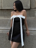 Women Sexy French Contrast Color Big Bowknot Tube Top Mini Dress Sleeveless Back Zipper Bodycon Satin Party Club Evening Short Dress 95% Polyester 5% Spandex