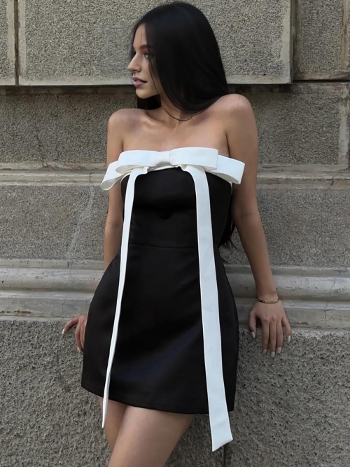 Women Sexy French Contrast Color Big Bowknot Tube Top Mini Dress Sleeveless Back Zipper Bodycon Satin Party Club Evening Short Dress 95% Polyester 5% Spandex