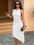 Women Sexy Halter Backless Midi Dress Polyester Spandex Pleated Ruched Bodycon Irregular Hem Evening Party Dress Solid Color Sleeveless Cowl Neck Sundress For Ladies