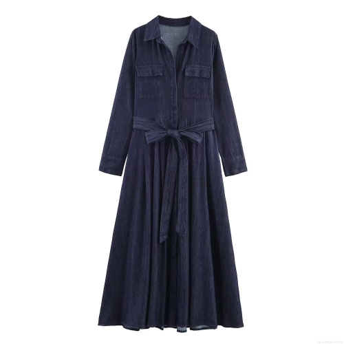 Women's Dark Blue Denim Long Sleeve Shirt Dress With Belt Lapel A-Line Mini Dress Cargo Pockets Street Style Autumn Jean Dress
