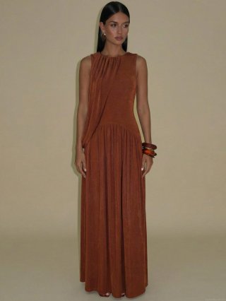 Women's Elegant Sleeveless Maxi Dress Ruched Round Neck Slim Fit Knitted Bodycon Long Gown For Evening Party Wedding Vacation