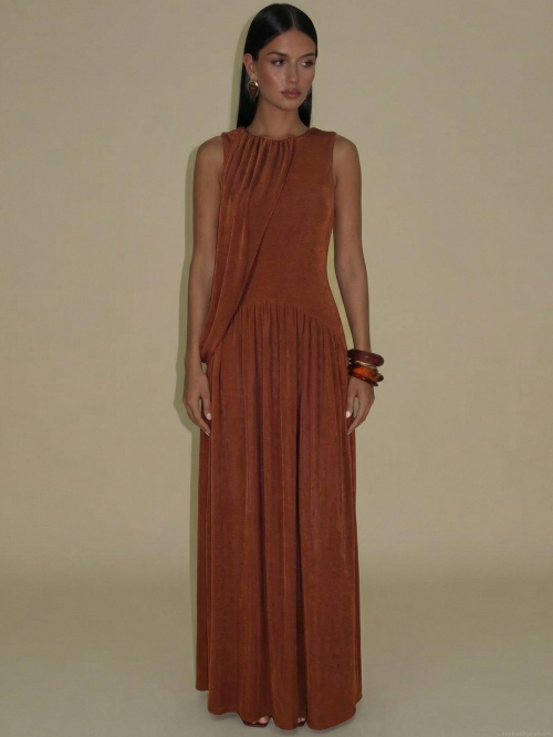 Women's Elegant Sleeveless Maxi Dress Ruched Round Neck Slim Fit Knitted Bodycon Long Gown For Evening Party Wedding Vacation