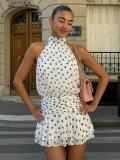 Women's Sexy Halter Polka Dot Mini Dress Backless Chiffon Ruffle A-Line Party Sundress For Summer Vacation French Style White Black