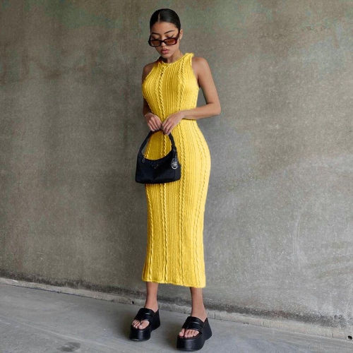 Women's Sleeveless Round Neck Cable Knit Maxi Dress Polyester Spandex Slim Fit Bodycon Long Dress Fashion Streetwear Party Clubwear