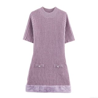 Women Short Sleeve Knitted Mini Dress With Faux Fur Hem Patchwork Round Neck Ribbed Knit Dress Pocket Metal Button Elegant Casual Party Dress For Women