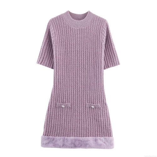 Women Short Sleeve Knitted Mini Dress With Faux Fur Hem Patchwork Round Neck Ribbed Knit Dress Pocket Metal Button Elegant Casual Party Dress For Women