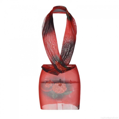 Women Sexy Halter Backless Mini Dress Mesh Red Rose Floral Print Bodycon Party Nightclub Dress 95% Polyester 5% Spandex Sleeveless Clubwear