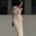 Sexy V Neck Backless Maxi Dress Ribbed Knit Polyester Spandex Contrast Piping Spaghetti Strap Slim Fit Summer Party Club Night Out Women Clothing