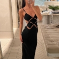Women Sexy Backless Cami Maxi Dress Polyester Spandex Hollow Out Bodycon Long Evening Party Club Night Dress