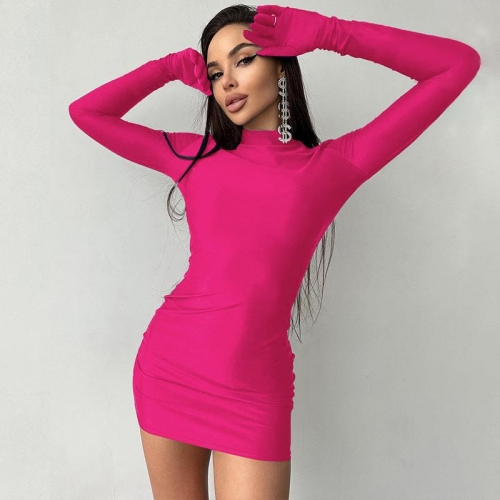 Women's Sexy Bodycon Mini Dress With Integrated Glove Sleeves Round Neck Slim Fit Solid Color Polyester Spandex Clubwear Party Nightout Dress