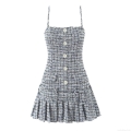 Elegant Tweed Plaid Cami Mini Dress For Women Vintage Single Breasted Pleated Hem Sleeveless Bodycon Short Dress For Party Streetwear