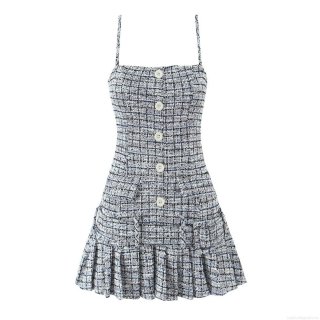 Elegant Tweed Plaid Cami Mini Dress For Women Vintage Single Breasted Pleated Hem Sleeveless Bodycon Short Dress For Party Streetwear