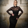 Women Elegant Black Lace Maxi Dress Sexy See-Through Long Sleeve High Neck Bodycon Party Dress Luxury Polyester Spandex Patchwork Mesh Gown