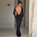 Women Sexy Backless Maxi Dress Long Sleeve Slim Fit Pleated Solid Color Evening Party Dress Bodycon Floor Length Polyester Spandex Gown
