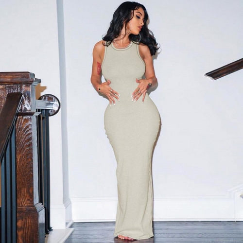 Women's Elegant Solid Color Ribbed Knit Maxi Dress Slim Fit Sleeveless Crew Neck Bodycon Long Dress For Summer Daily Party
