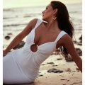Women Sexy V Neck Backless Slit Slim Maxi Dress With Metal Ring Decoration Polyester Spandex Sleeveless Bodycon Party Vacation Elegant Long Dress