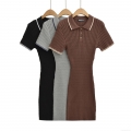Women's Polo Neck Slim Fit Cable Knit Dress Contrast Trim Ribbed Rayon Blend Short Sleeve Mini Dress Street Style Knitted Bodycon Dress