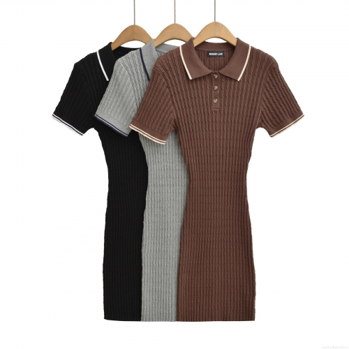 Women's Polo Neck Slim Fit Cable Knit Dress Contrast Trim Ribbed Rayon Blend Short Sleeve Mini Dress Street Style Knitted Bodycon Dress