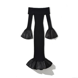 Women Off-the-Shoulder Knit Midi Bodycon Dress Rayon Nylon Ribbed Satin Flare Sleeve Ruffle Hem Elegant Streetwear Autumn Party Slim Fit Dress