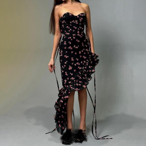 Women's Elegant Strapless Floral Midi Dress Polyester Spandex Blend Ruffle Hem Asymmetric Lace-up Bodycon Dress For Summer Party Wedding Vacation