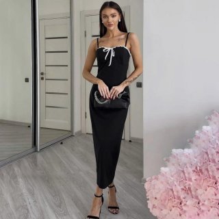 Women Elegant Backless Camisole Dress With White Bow Lace Trim Sexy Bodycon Slim Fit Maxi Dress For Summer Party Evening Lady