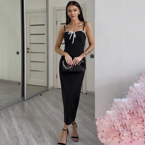 Women Elegant Backless Camisole Dress With White Bow Lace Trim Sexy Bodycon Slim Fit Maxi Dress For Summer Party Evening Lady