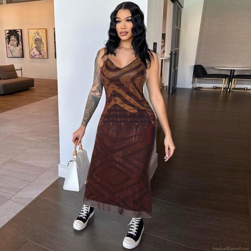 Women's Sexy V-Neck Backless Cami Maxi Dress Geometric Print Mesh Slim Fit Bodycon Long Dress For Summer Party Vacation Mesh Dress