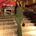 Women's Elegant Ruched Slim Fit Long Sleeve Maxi Dress Polyester Spandex Bodycon Solid Color Evening Party Dress