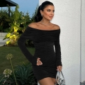 Women's Sexy Ruched Off-the-Shoulder Mini Dress Long Sleeve Slim Fit Bodycon Wrap Solid Color Polyester Spandex Club Party Night Out Dress