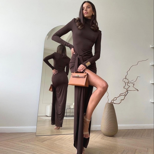 Women Sexy High Neck Long Sleeve Maxi Dress Ruched Side Split Bodycon Polyester Spandex Blend Solid Color Party Evening Long Gown