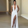 Elegant Women Halter Deep V-Neck Backless Ruched Maxi Dress With High Slit Sexy Solid Color Polyester Spandex Formal Evening Party Wedding Guest Long Dress
