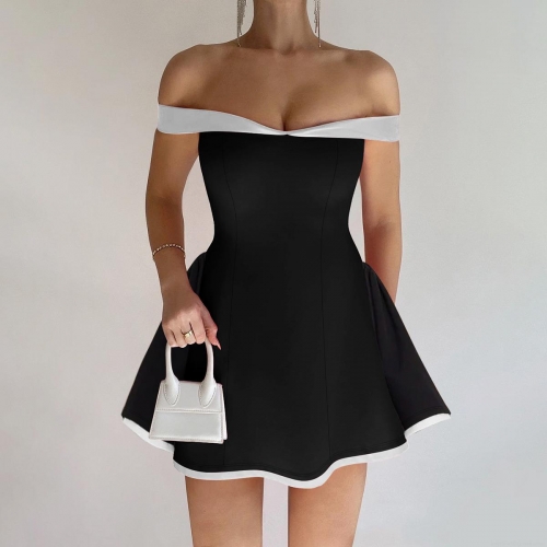 Women's Off-The-Shoulder Bodycon Mini Dress Sexy Contrast Color Sleeveless Polyester Spandex Blend Slim Fit Party Club Evening Dress